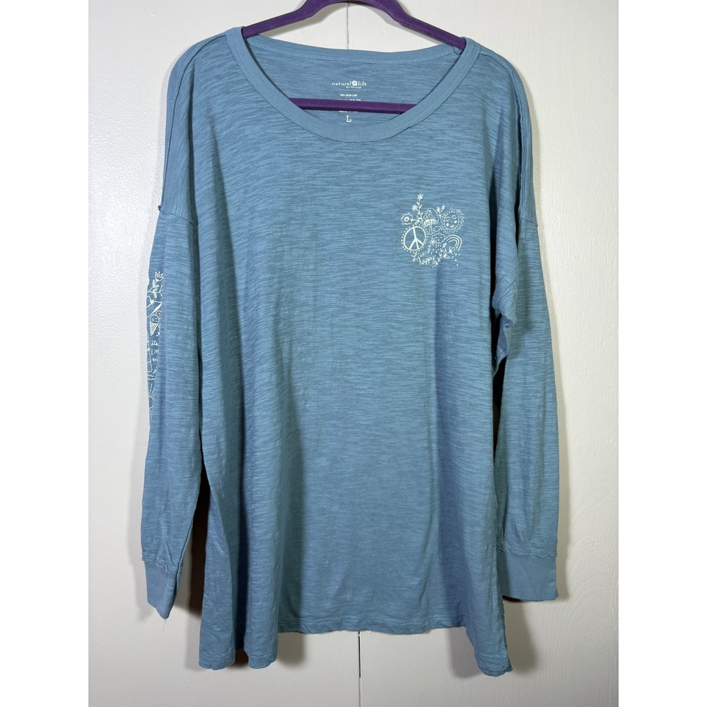 Natural Life L Blue Slub Cotton Graphic Tee Peace Sign Oversized Boho Artsy
